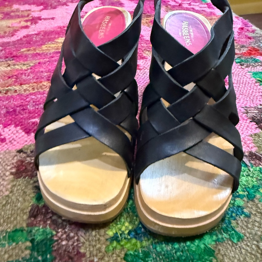 Swedish Hasbeens Black Women's Wedge Sandals